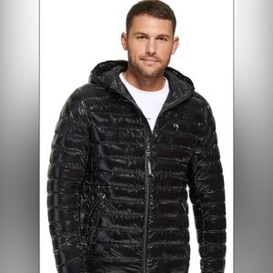 Calvin Klein Men's Black Glossy Hooded Packable Puffer